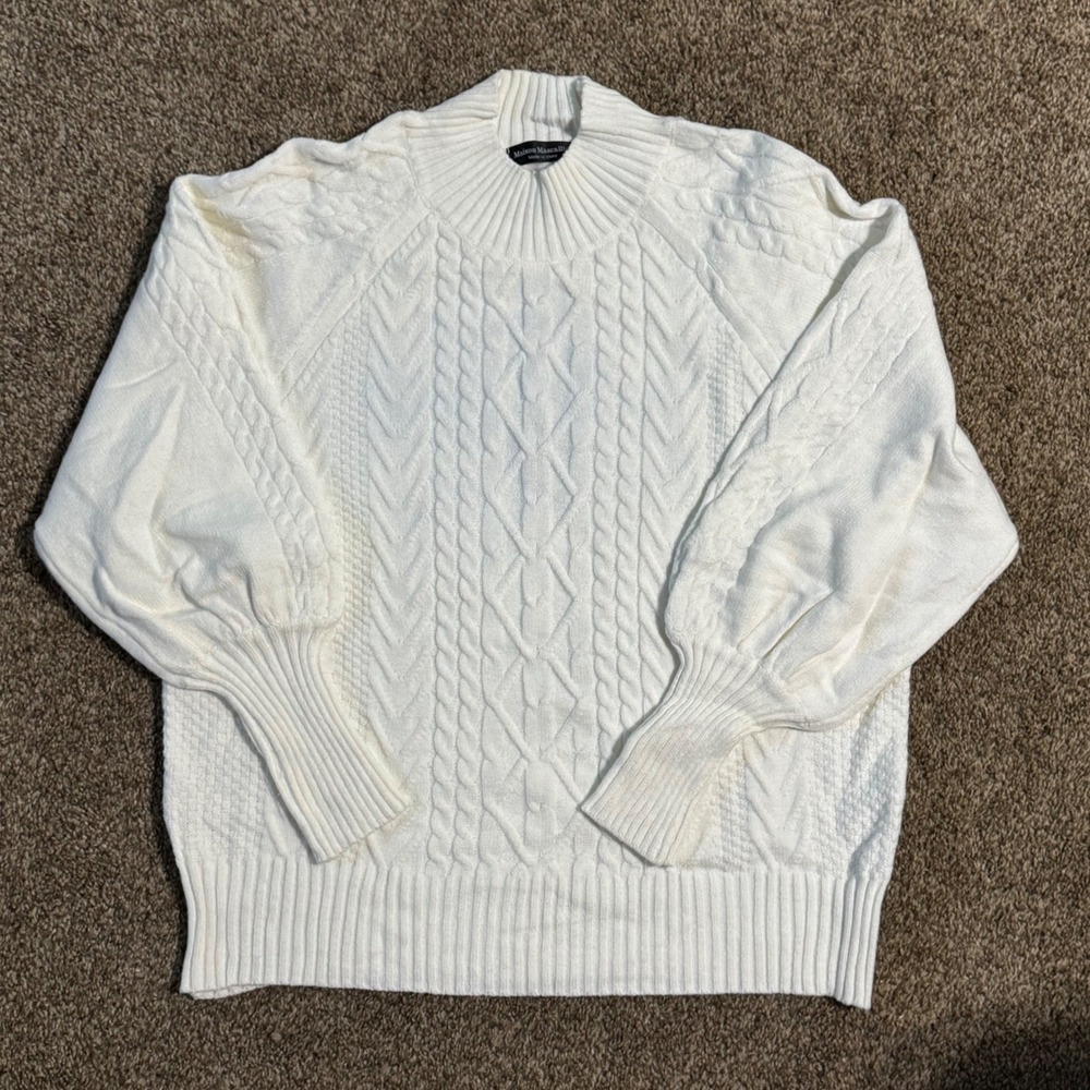 Womens White Cable Knit Puff Sleeve Mock Neck Sweater Size M